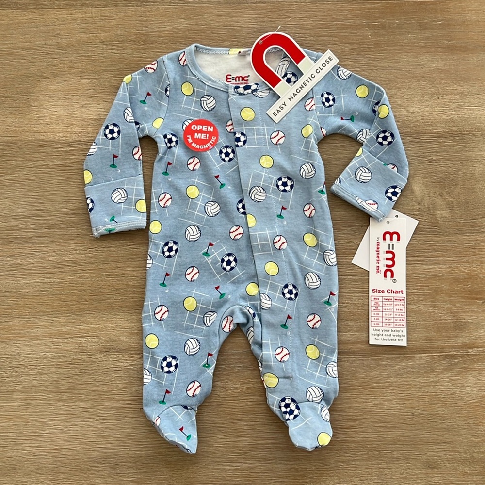 E=mc2 Magnetic Me Cotton Footie Sleeper Have a Ball Newborn soccer golf tennis